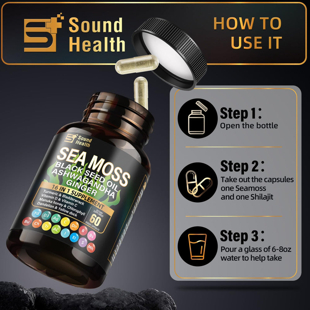 SoundHealth Sea Moss Capsules vegan capsules with hypoallergenic hypromellose shell.