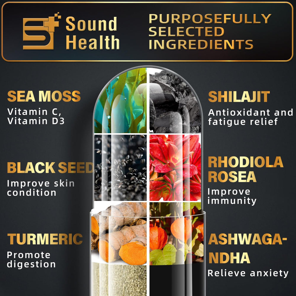 SoundHealth Sea Moss Capsules bottle on white counter conveys premium packaging.