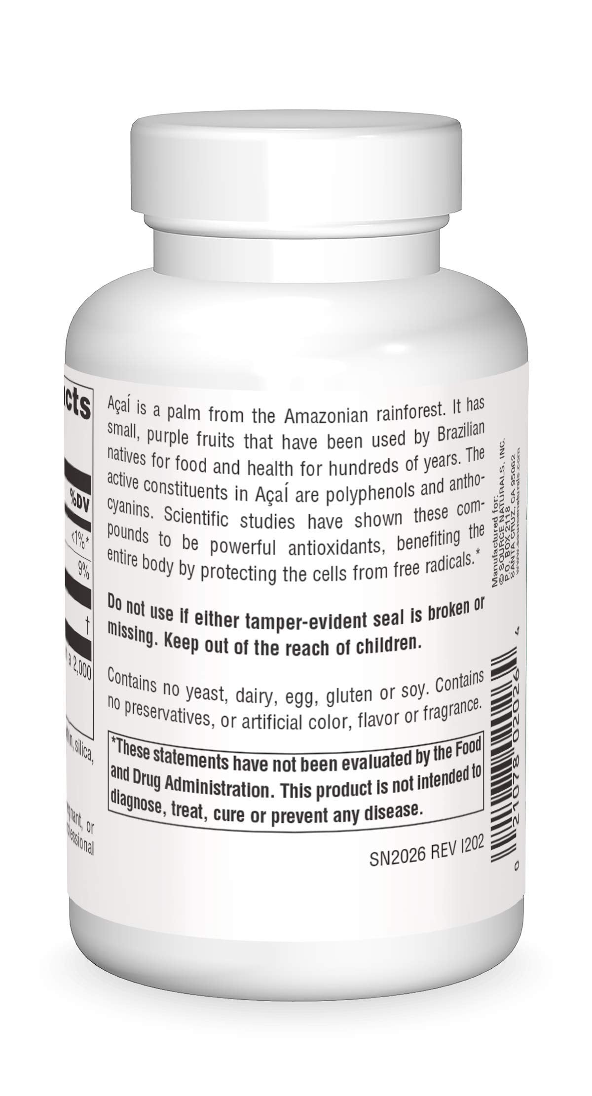 Source Naturals Acai Extract label highlighting allergen-free formula.