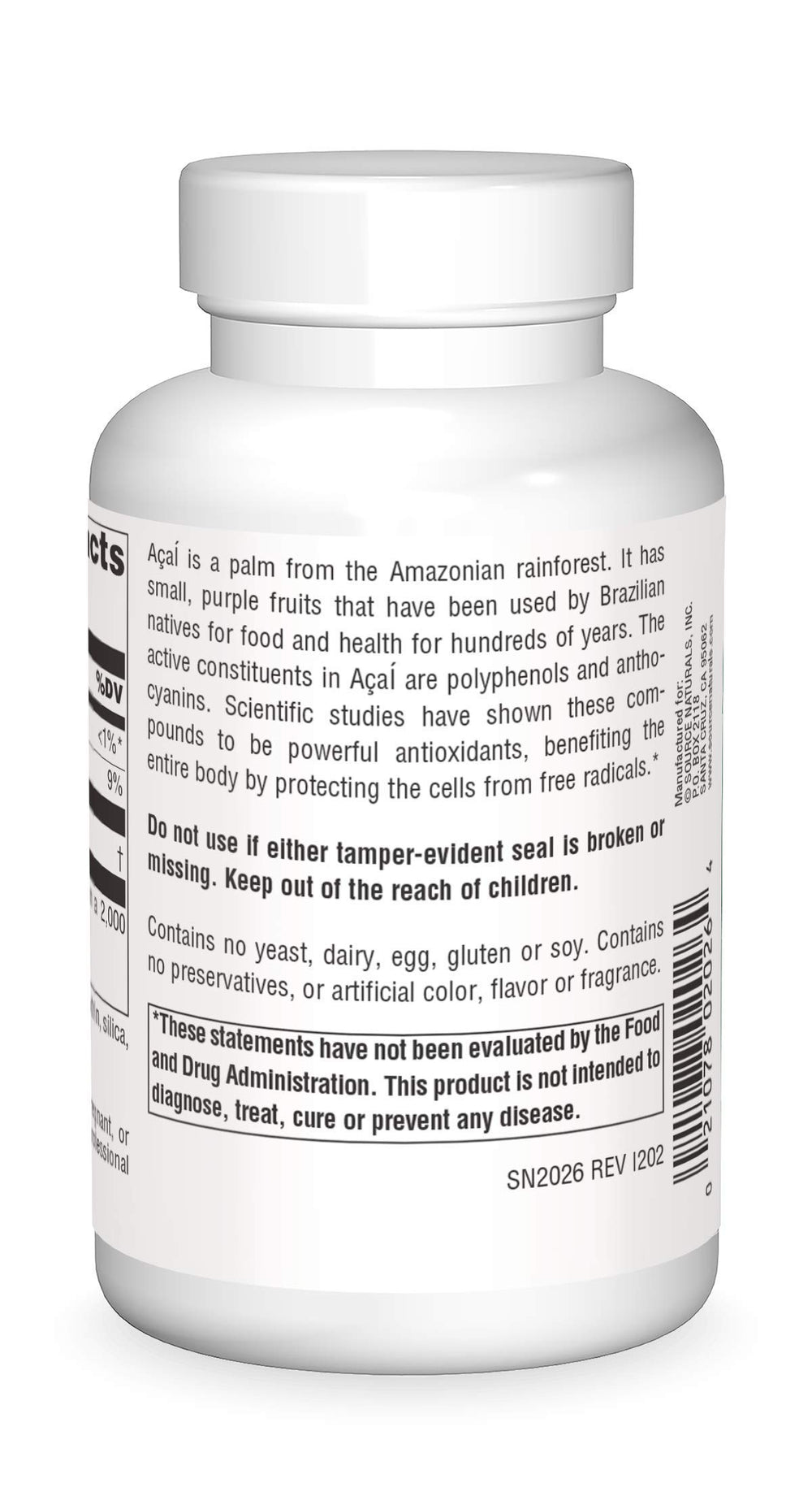 Source Naturals Acai Extract label highlighting allergen-free formula.