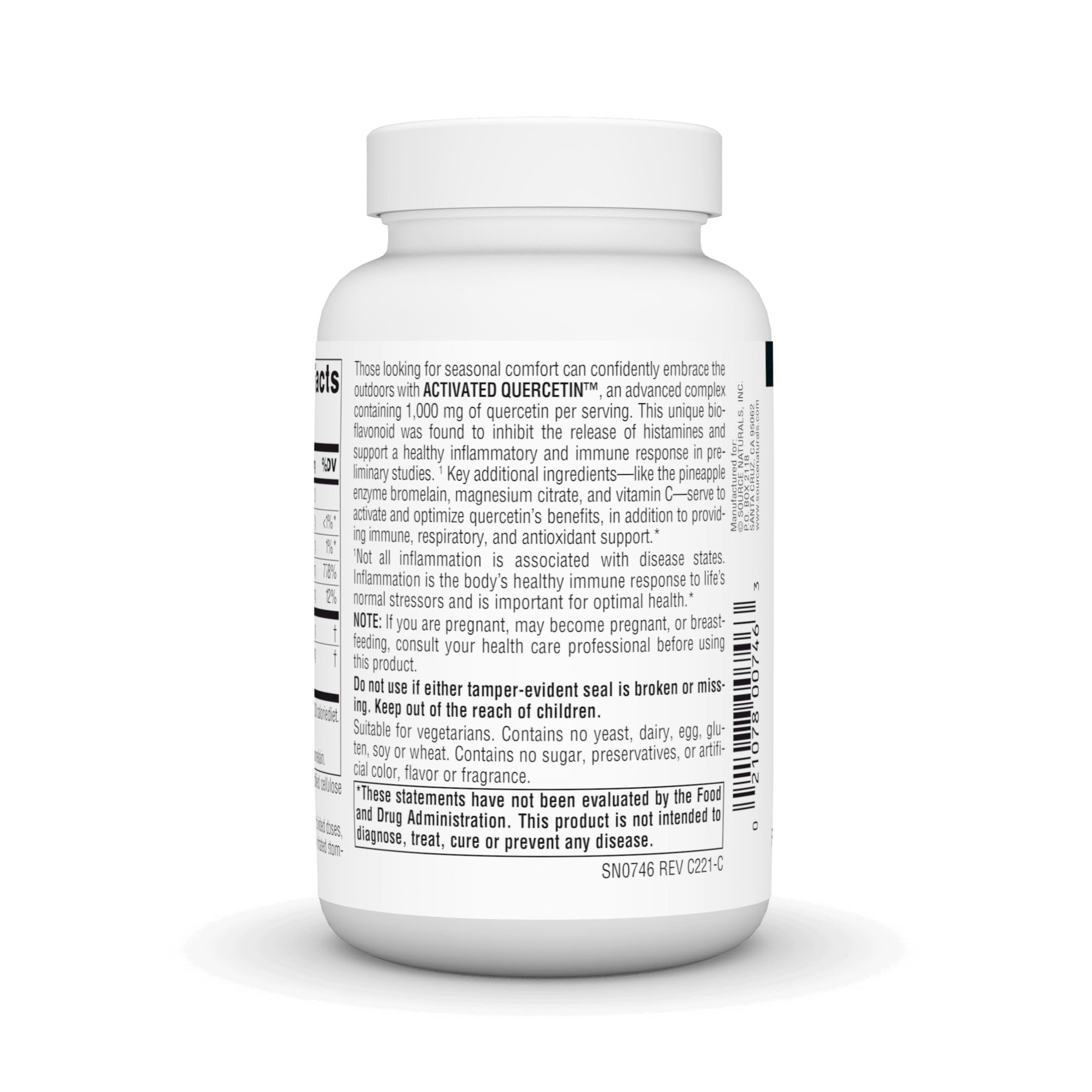 Close-up of bromelain and vitamin C ingredients in Source Naturals Activated Quercetin for immune-support ingredients