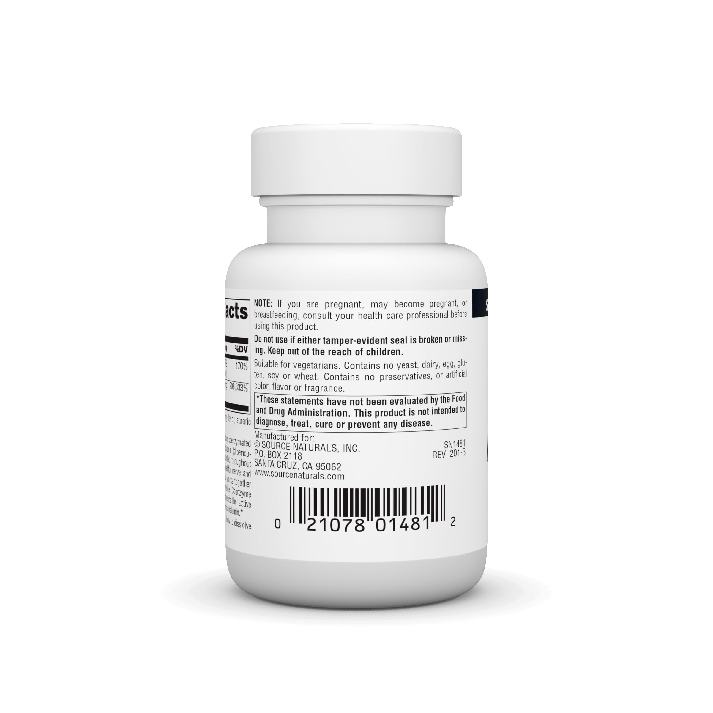 Source Naturals Advanced B-12 lozenge label emphasizes allergen-free ingredients for sensitive diets