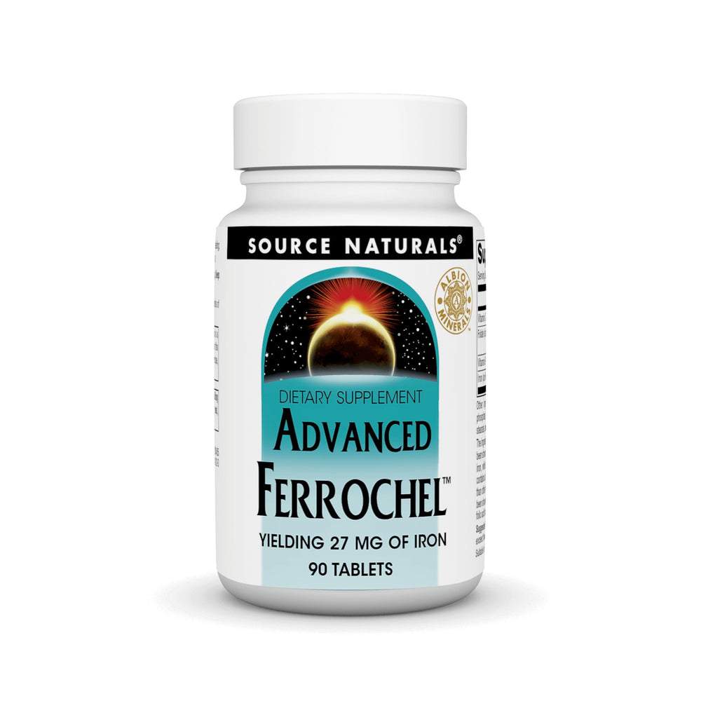 Source Naturals Advanced Ferrochel iron tablets in a bottle, easy absorption.