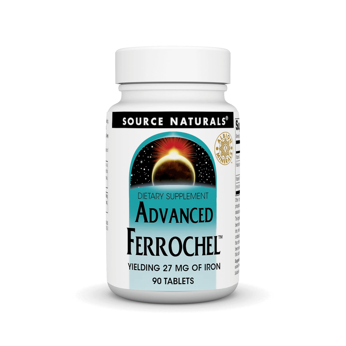 Source Naturals Advanced Ferrochel iron tablets in a bottle, easy absorption.