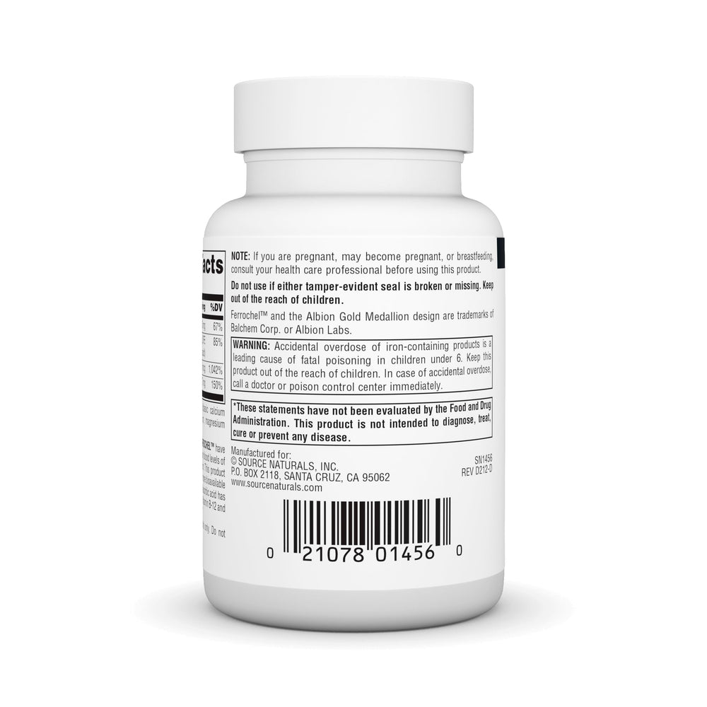 Tabletas Source Naturals Advanced Ferrochel listas para tomar con agua.