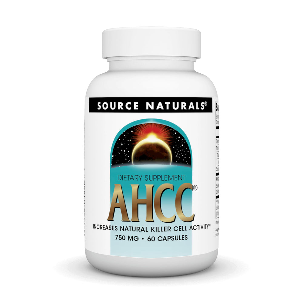 Source Naturals AHCC 750 mg bottle on kitchen counter promotes daily immune health.