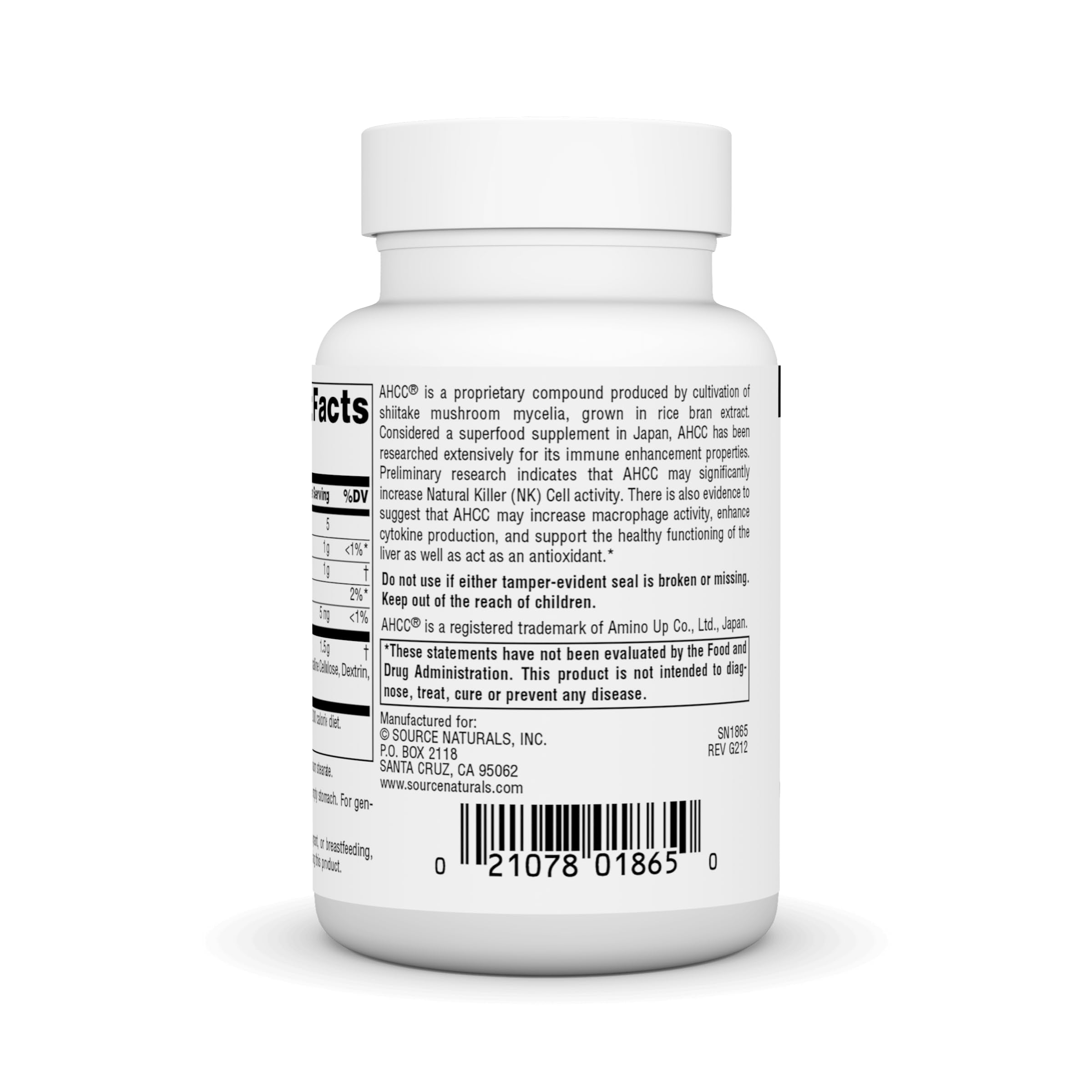 Close-up of Source Naturals AHCC 750 mg label showing supplement details.