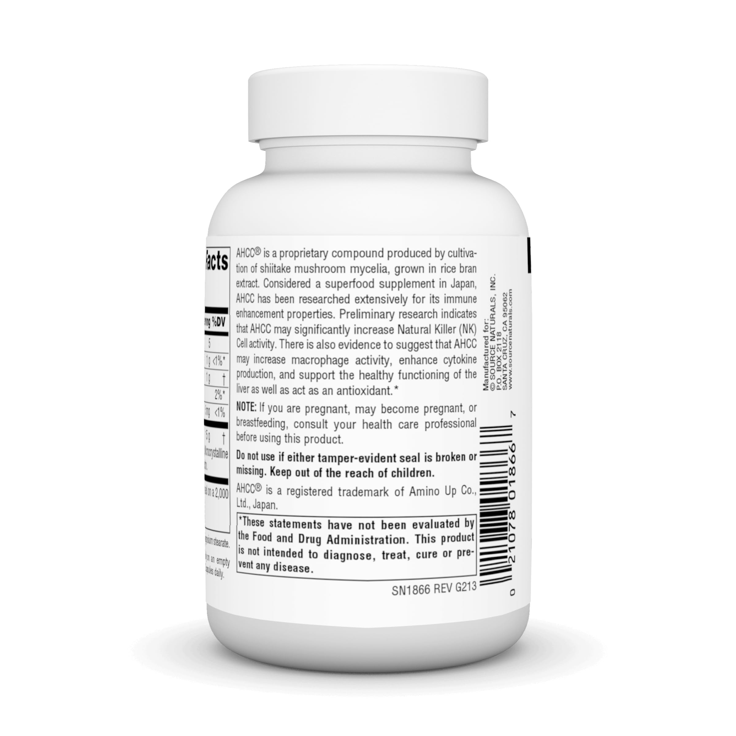 Source Naturals AHCC 750 mg label on bottle communicates quality and Japan-rooted formulation.