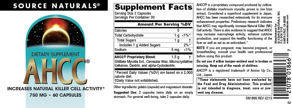 Source Naturals AHCC 750 mg packaging emphasizes the 60-count option and value.