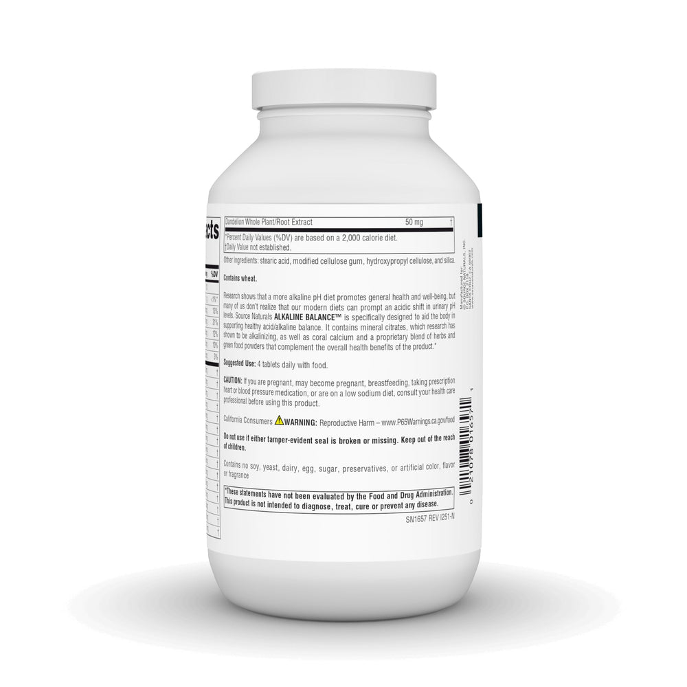 Source Naturals Alkaline Balance mineral citrates highlighted for alkalinizing ingredients.