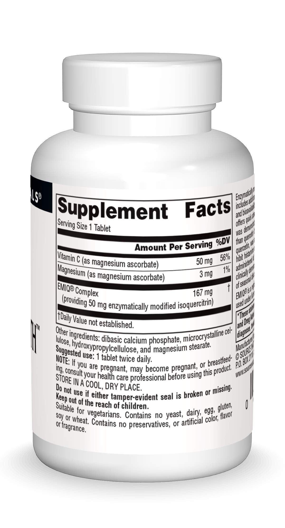 Source Naturals AllerStrength label close-up noting enzymatically modified isoquercitrin for solubility.