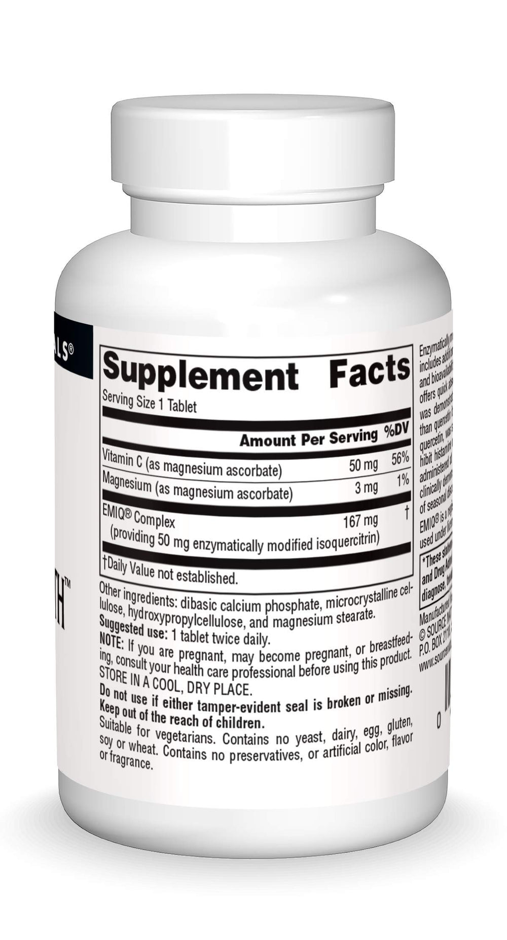 Source Naturals AllerStrength label close-up noting enzymatically modified isoquercitrin for solubility.