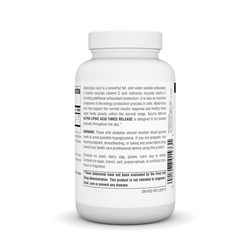 Packaging label of Source Naturals Alpha Lipoic Acid highlighting US-made quality.