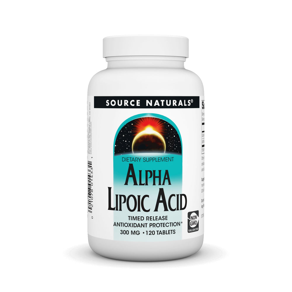 Source Naturals Alpha Lipoic Acid time-release bottle for steady antioxidant protection.