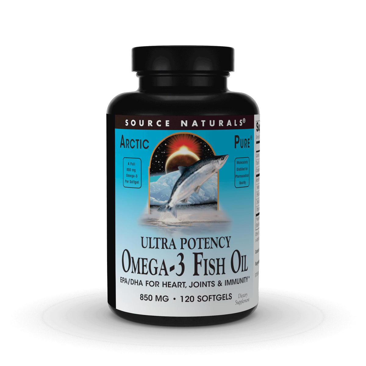 Source Naturals ArcticPure bottle front, high potency omega-3 softgels for daily use.