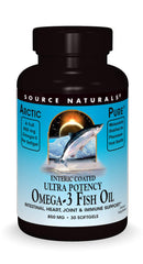 Source Naturals ArcticPure enteric-coated omega-3 softgels in a bottle for heart and digestive support.