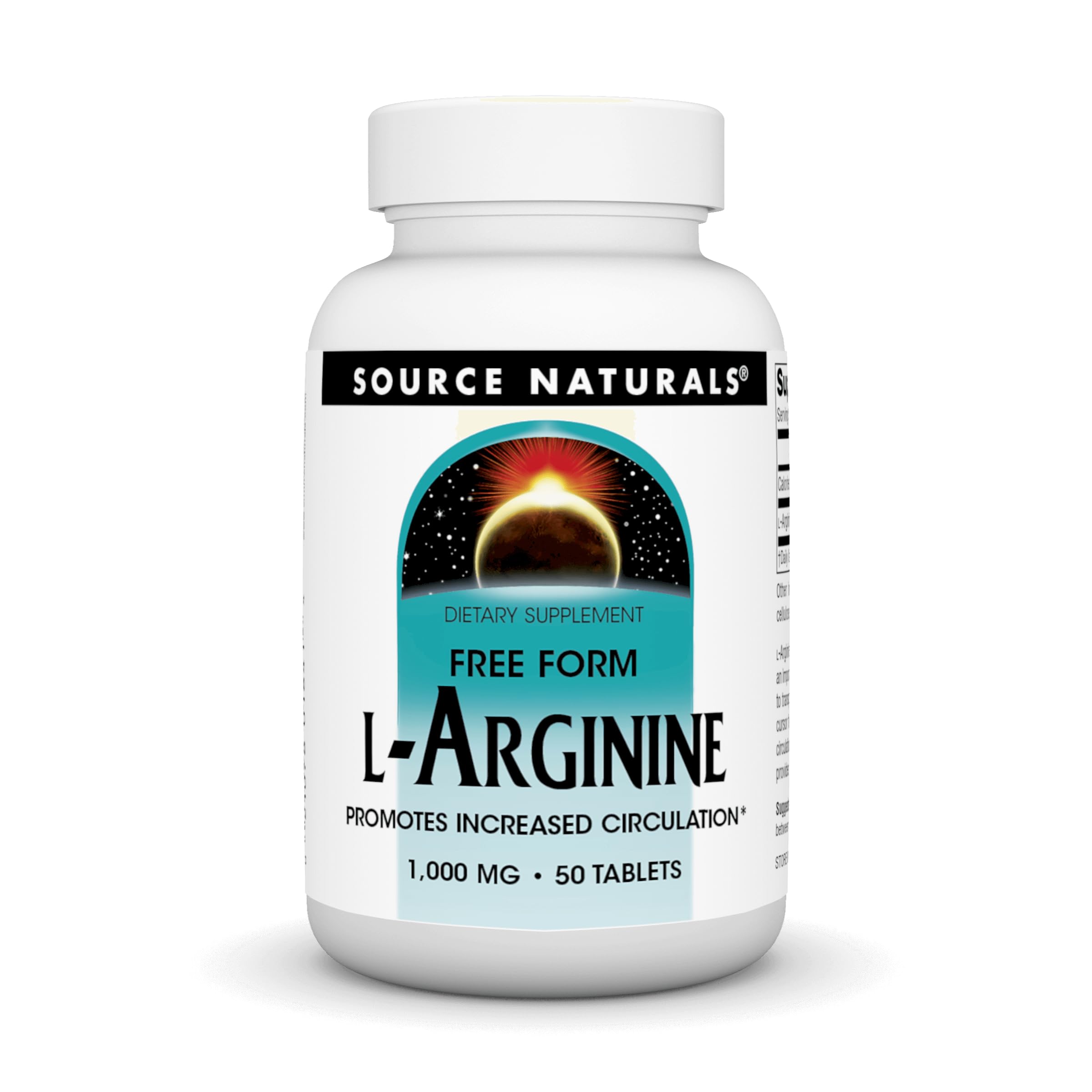 Source Naturals L-Arginine bottle front showing 1000 mg formula for circulation support.