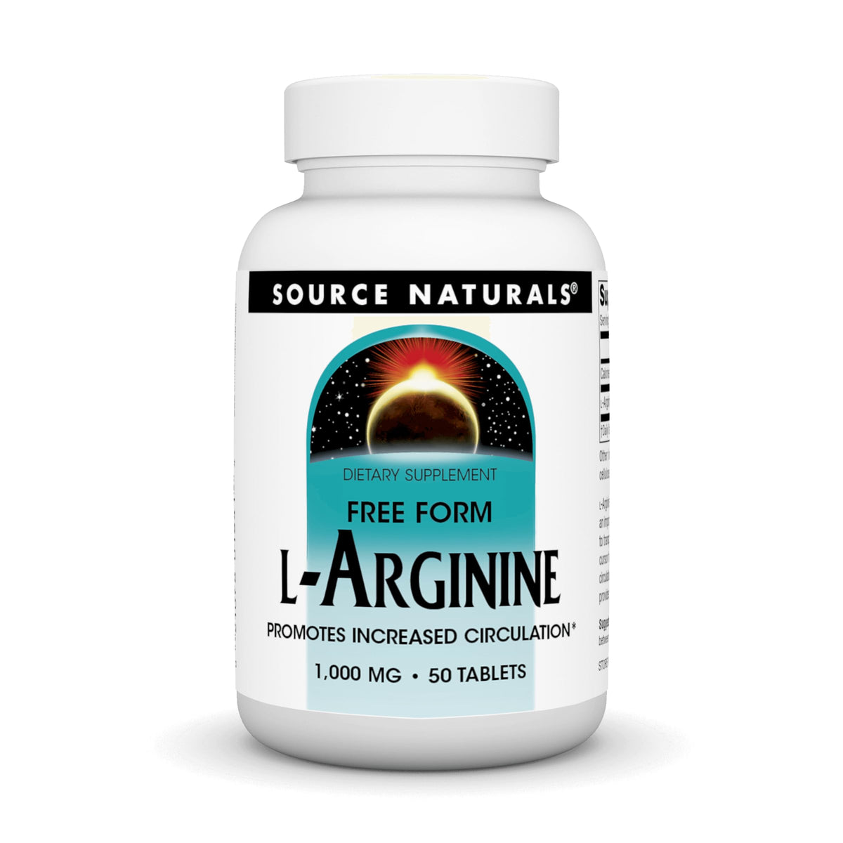 Source Naturals L-Arginine bottle front showing 1000 mg formula for circulation support.