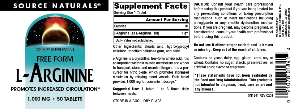 Label detail of Source Naturals L-Arginine with allergen-free claims.