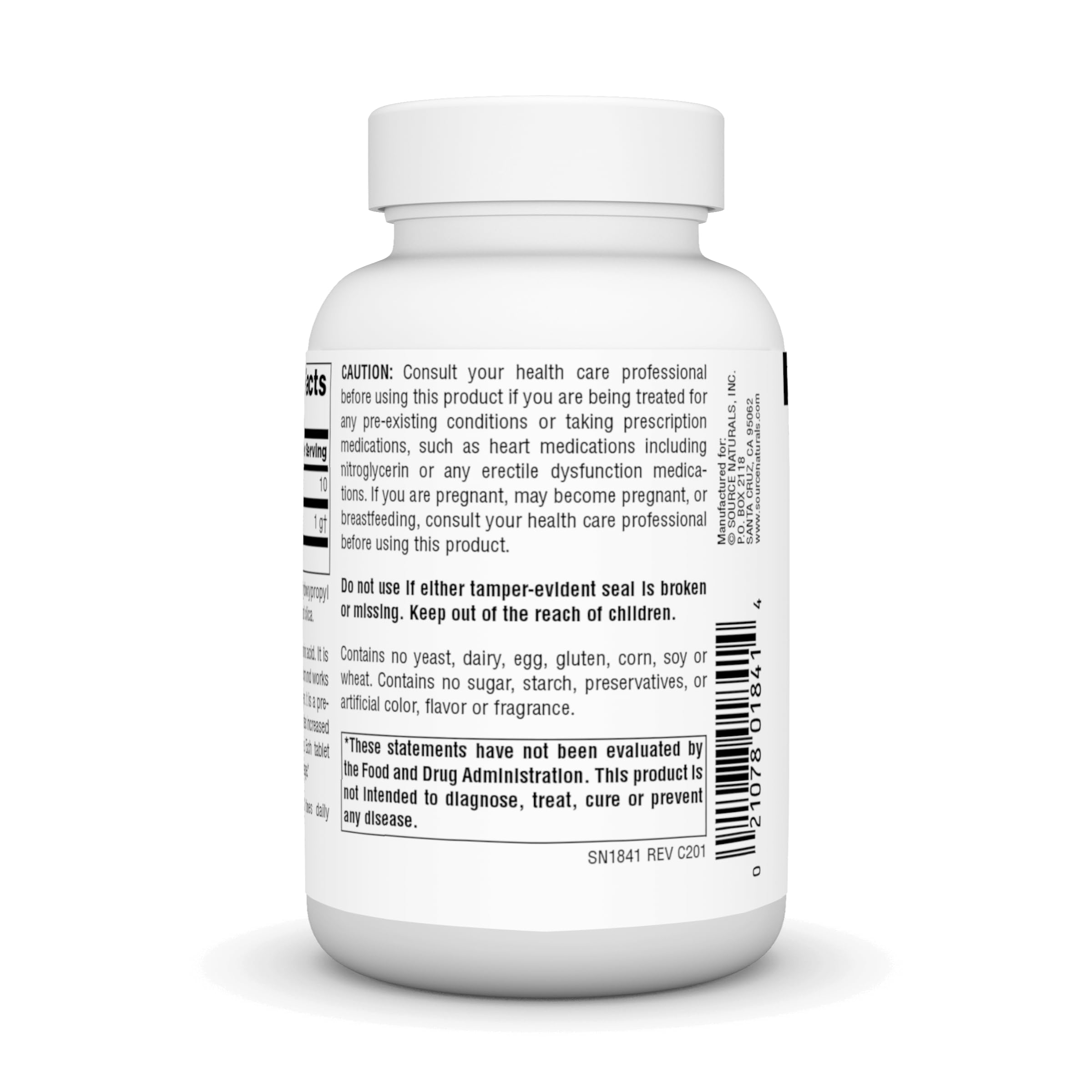 Packaging view of Source Naturals L-Arginine bottle on the left.
