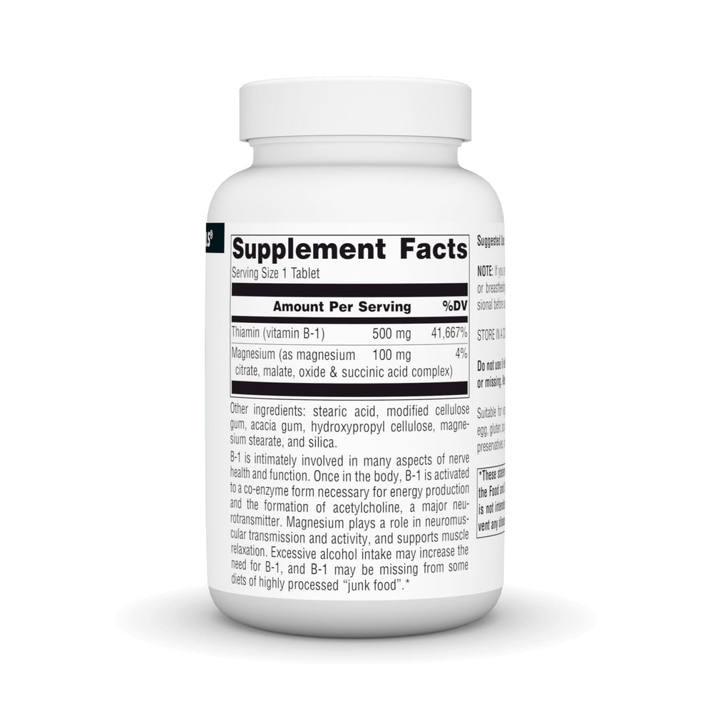 Source Naturals B-1 tablets on a clean surface, vegetarian-friendly