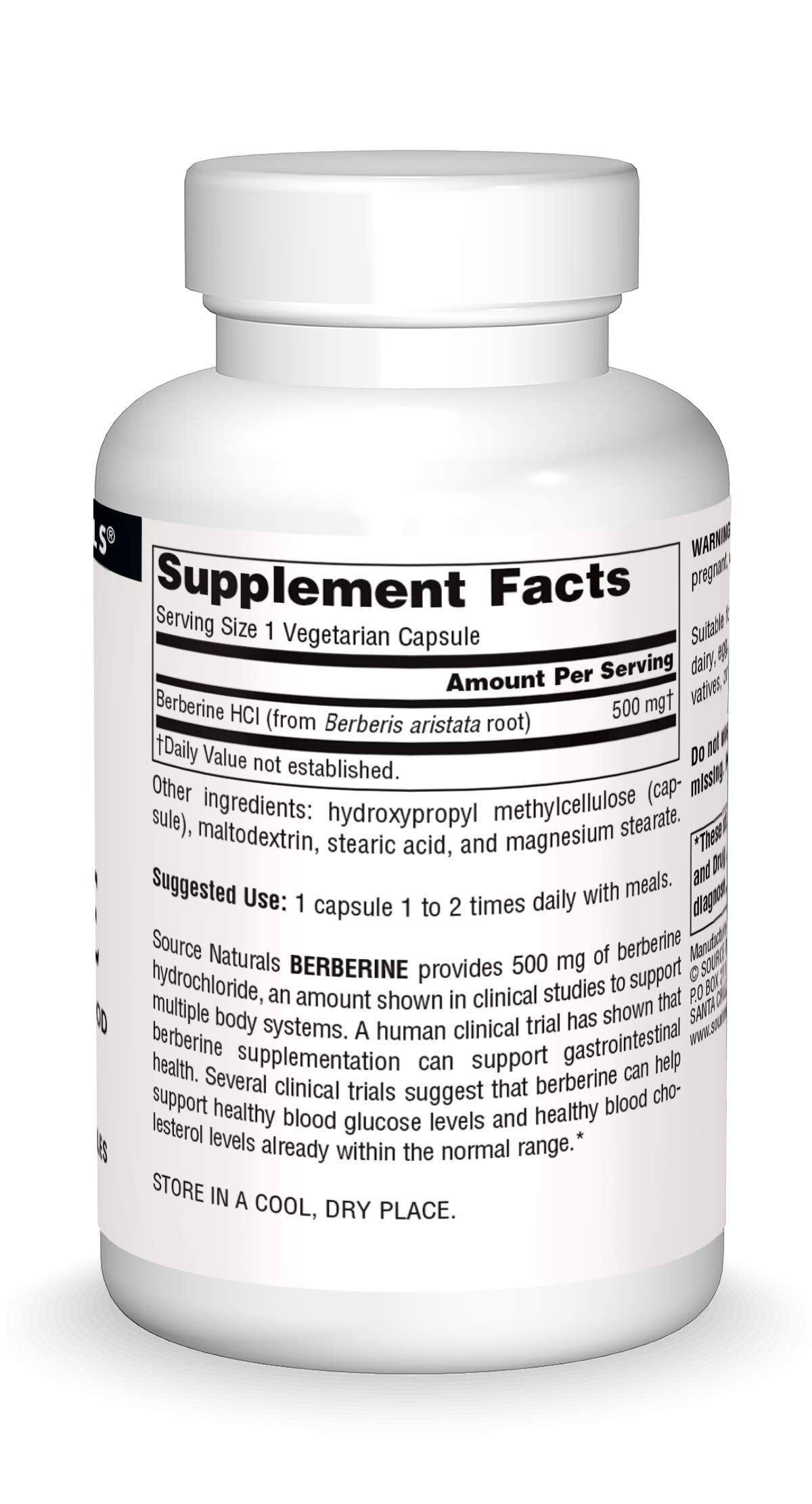 Source Naturals Berberine label detail emphasizing no artificial color or preservatives