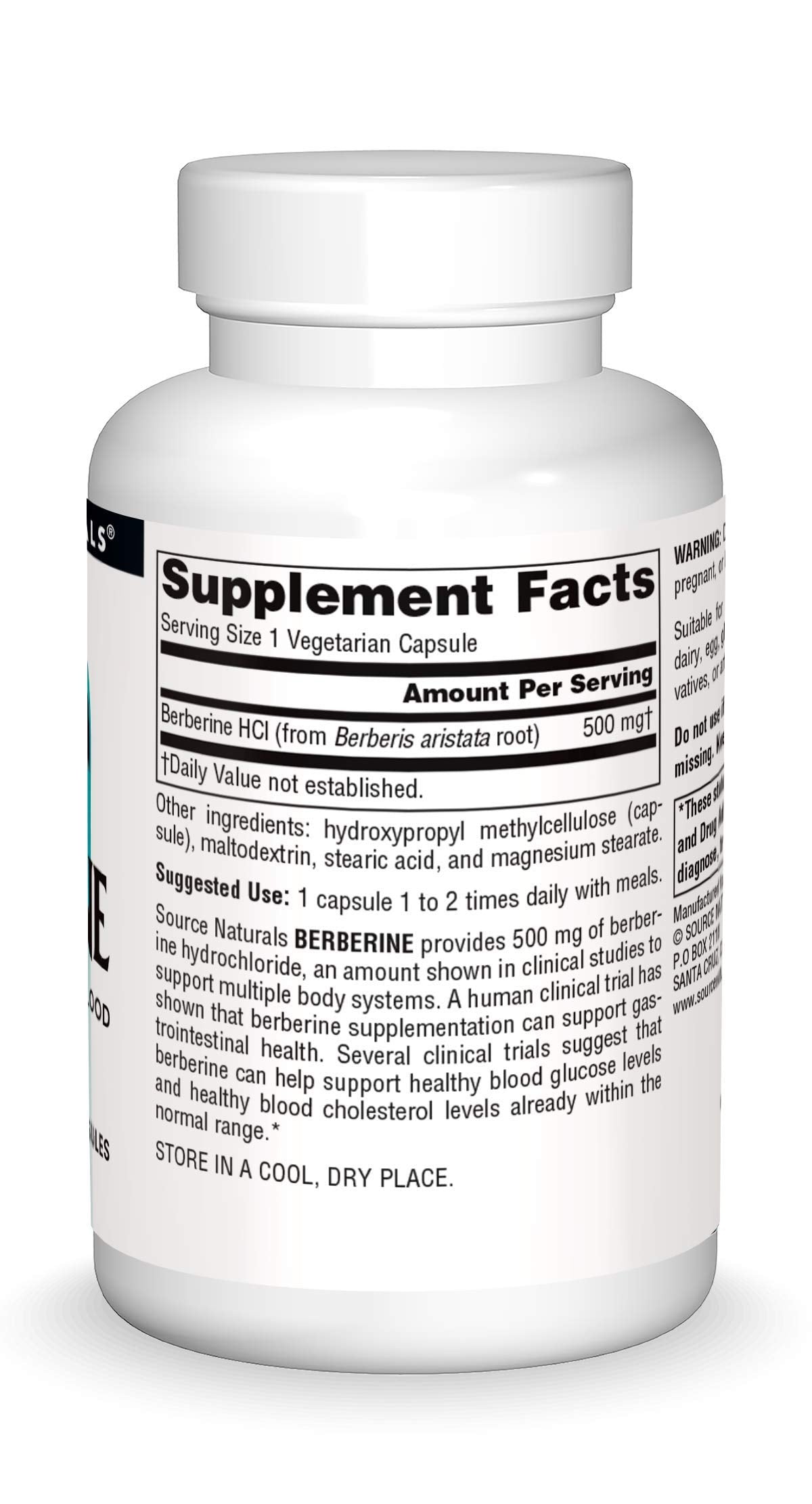 Source Naturals Berberine label shows vegan and allergen-free formulation
