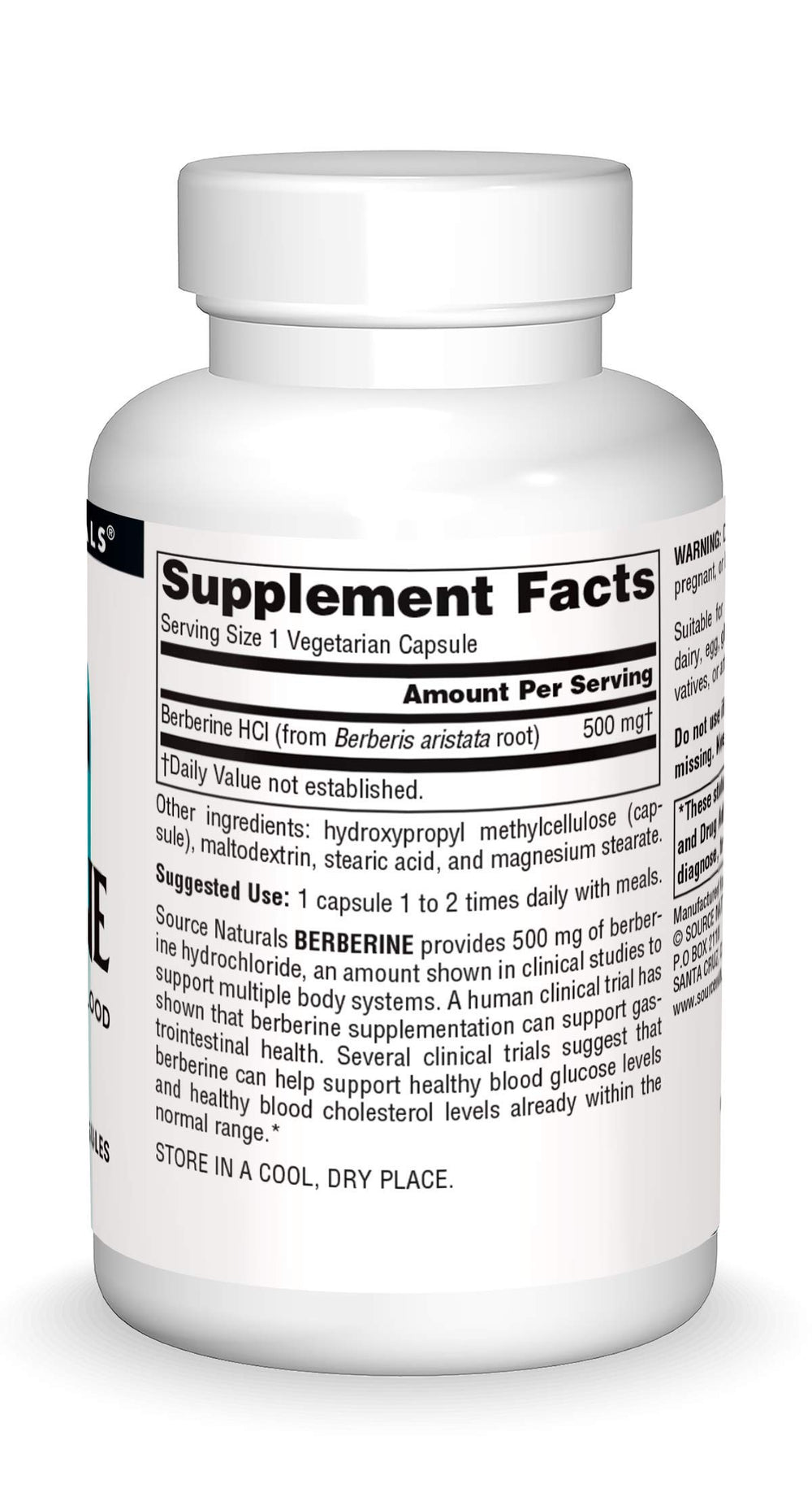 Source Naturals Berberine label shows vegan and allergen-free formulation