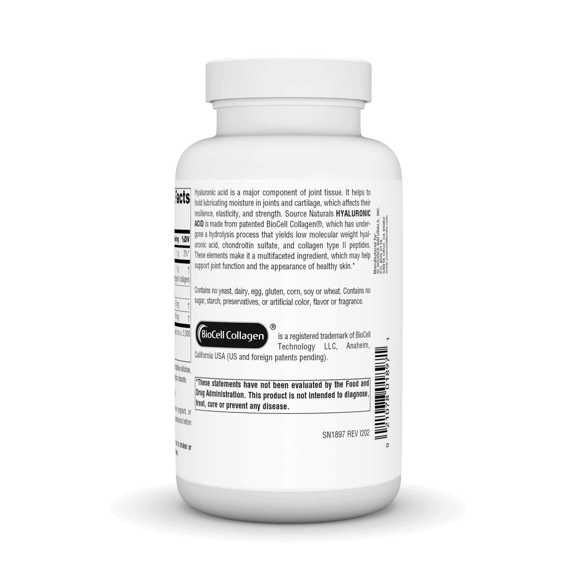 Source Naturals biocell-collagen-ii ingredients graphic highlights low molecular weight HA.
