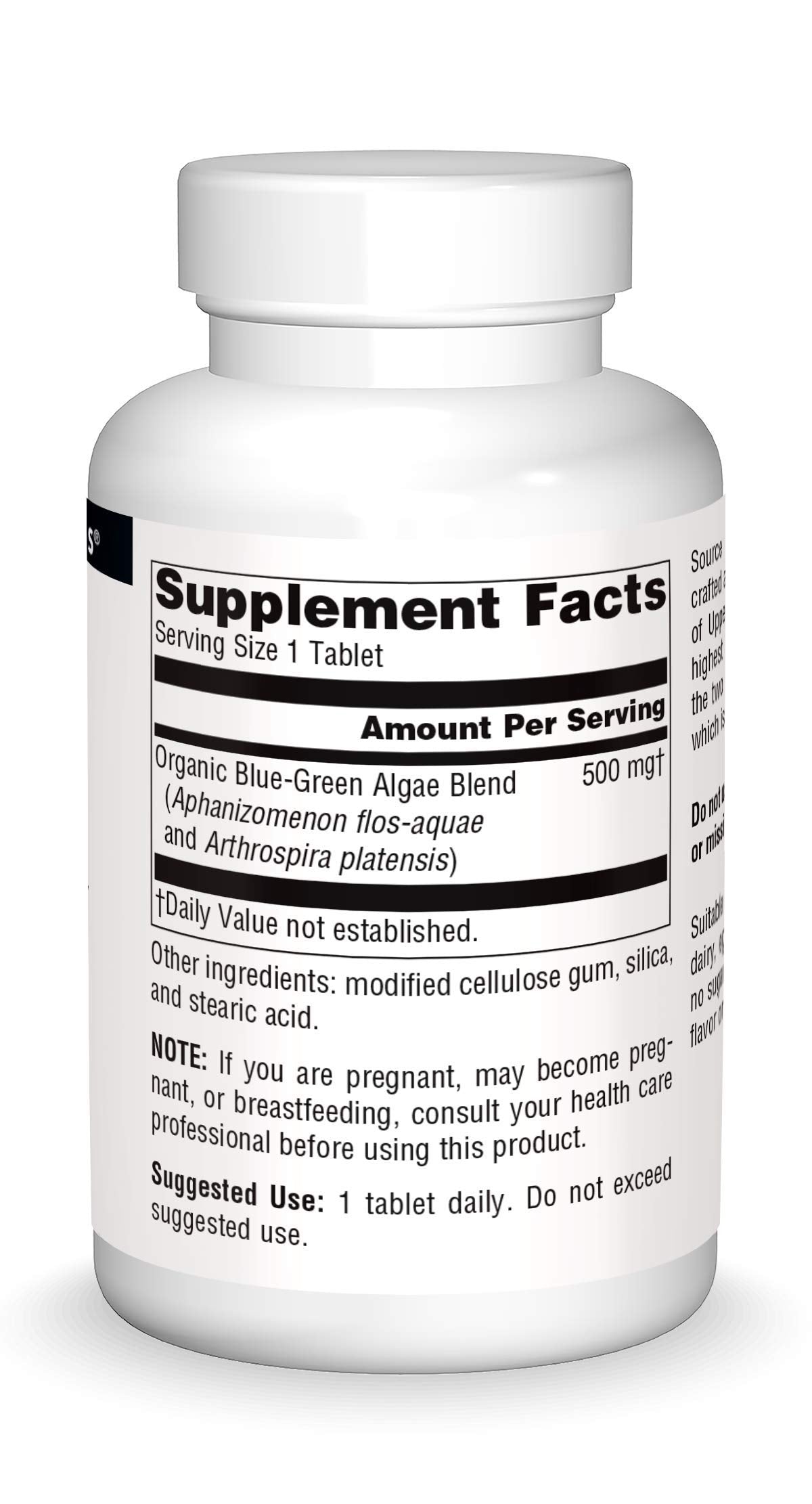 Source Naturals Blue Green Algae bottle label highlights vegan-friendly formula.