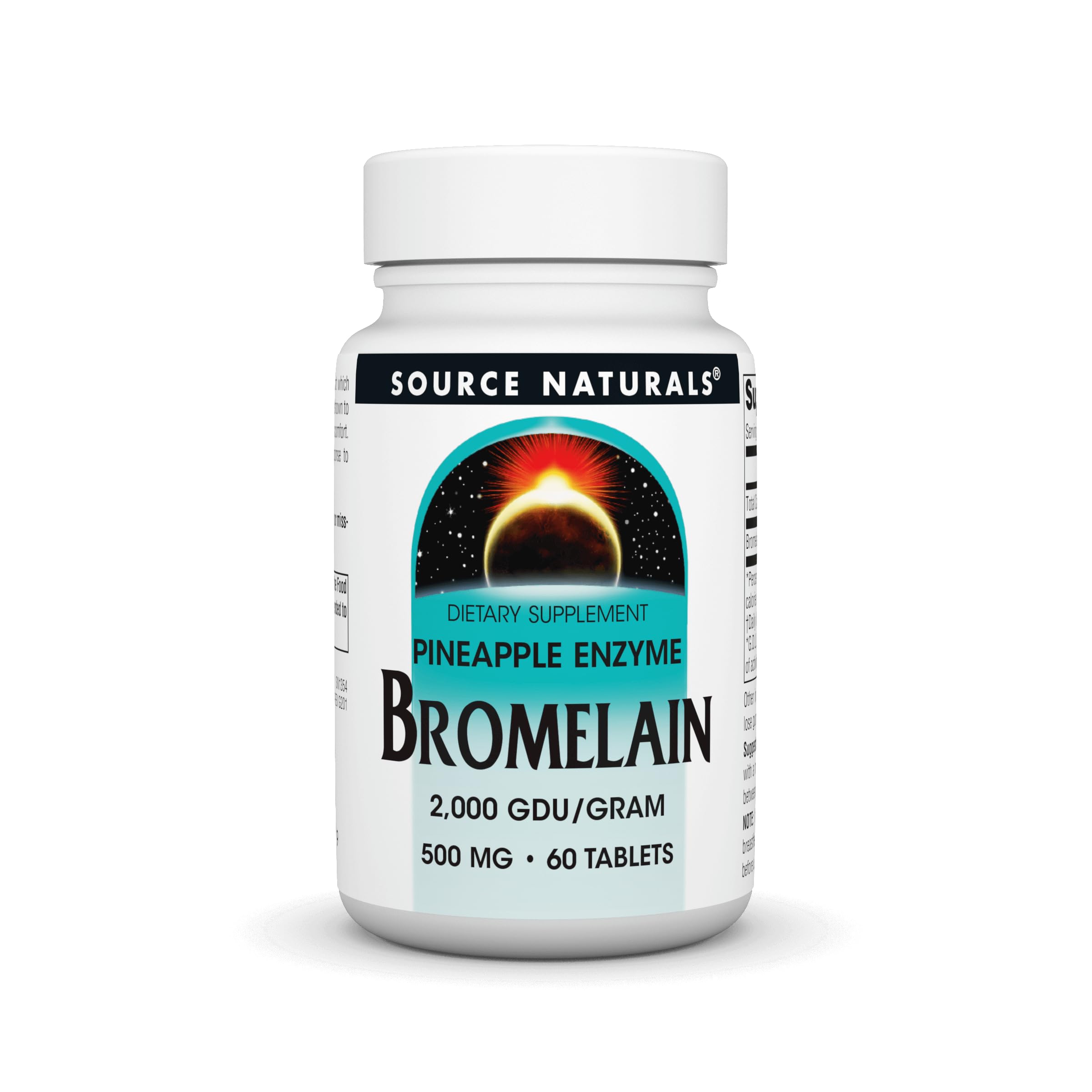 Source Naturals Bromelain bottle front view highlighting pineapple enzyme for protein support
