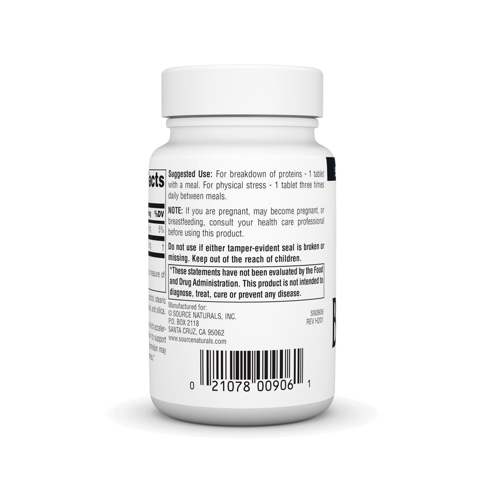 Detail of Source Naturals Bromelain label highlighting allergen-free formula.