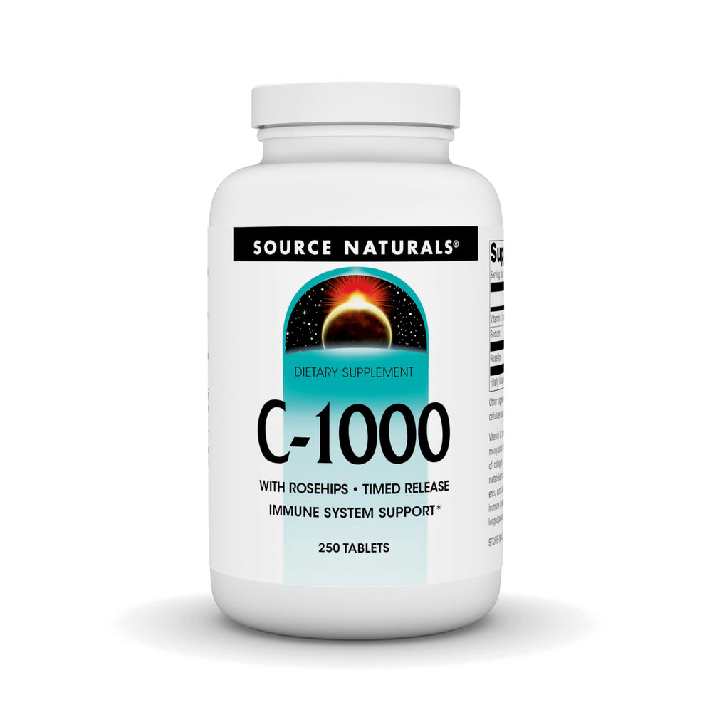 Source Naturals C-1000 bottle front with clear label signaling vitamin C-based immune support