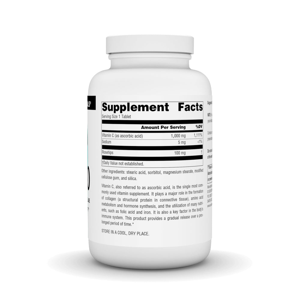 Source Naturals C-1000 bottle label close-up highlighting time-release design and potency