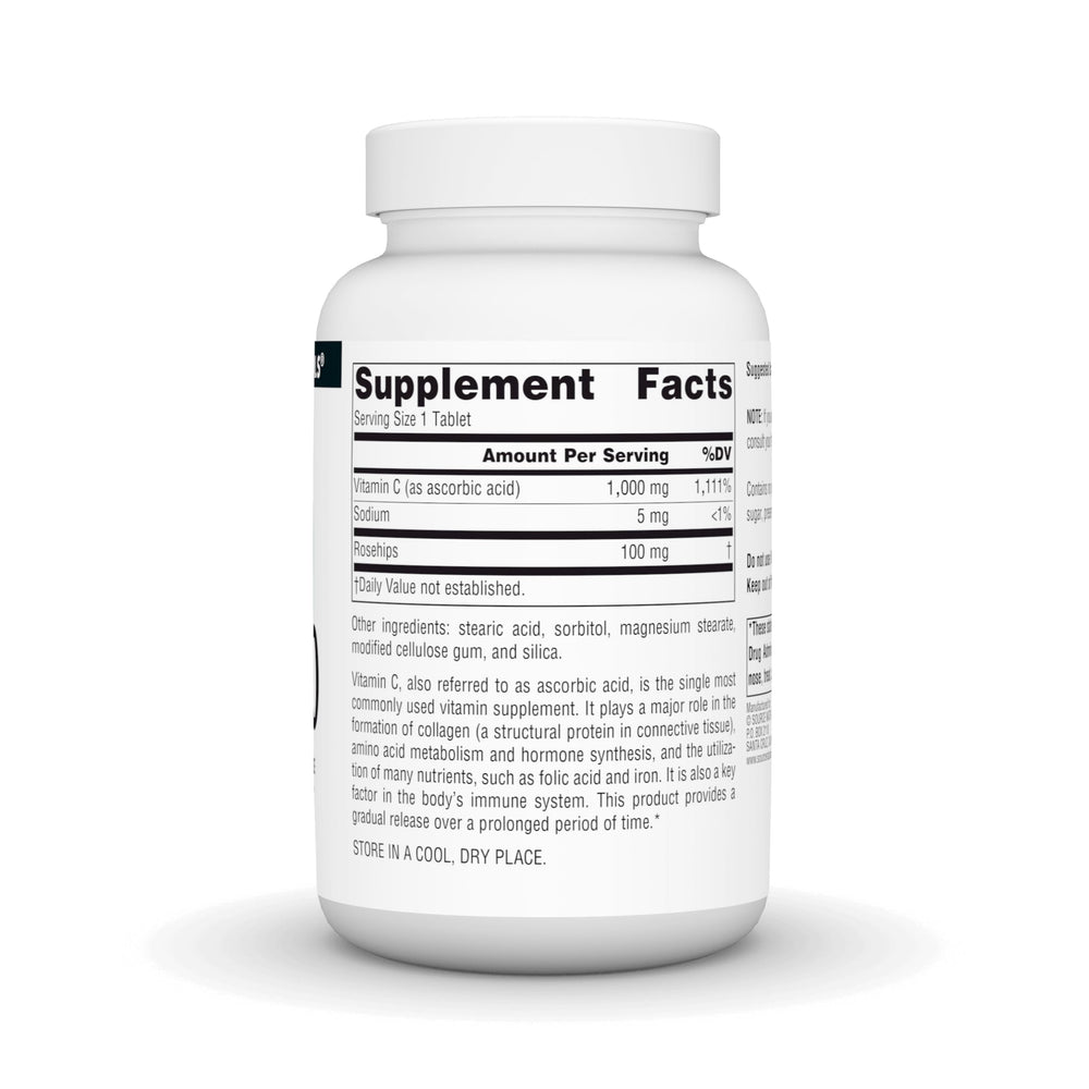 Source Naturals C-1000 rosehips ingredients bottle highlights natural supplement blend.