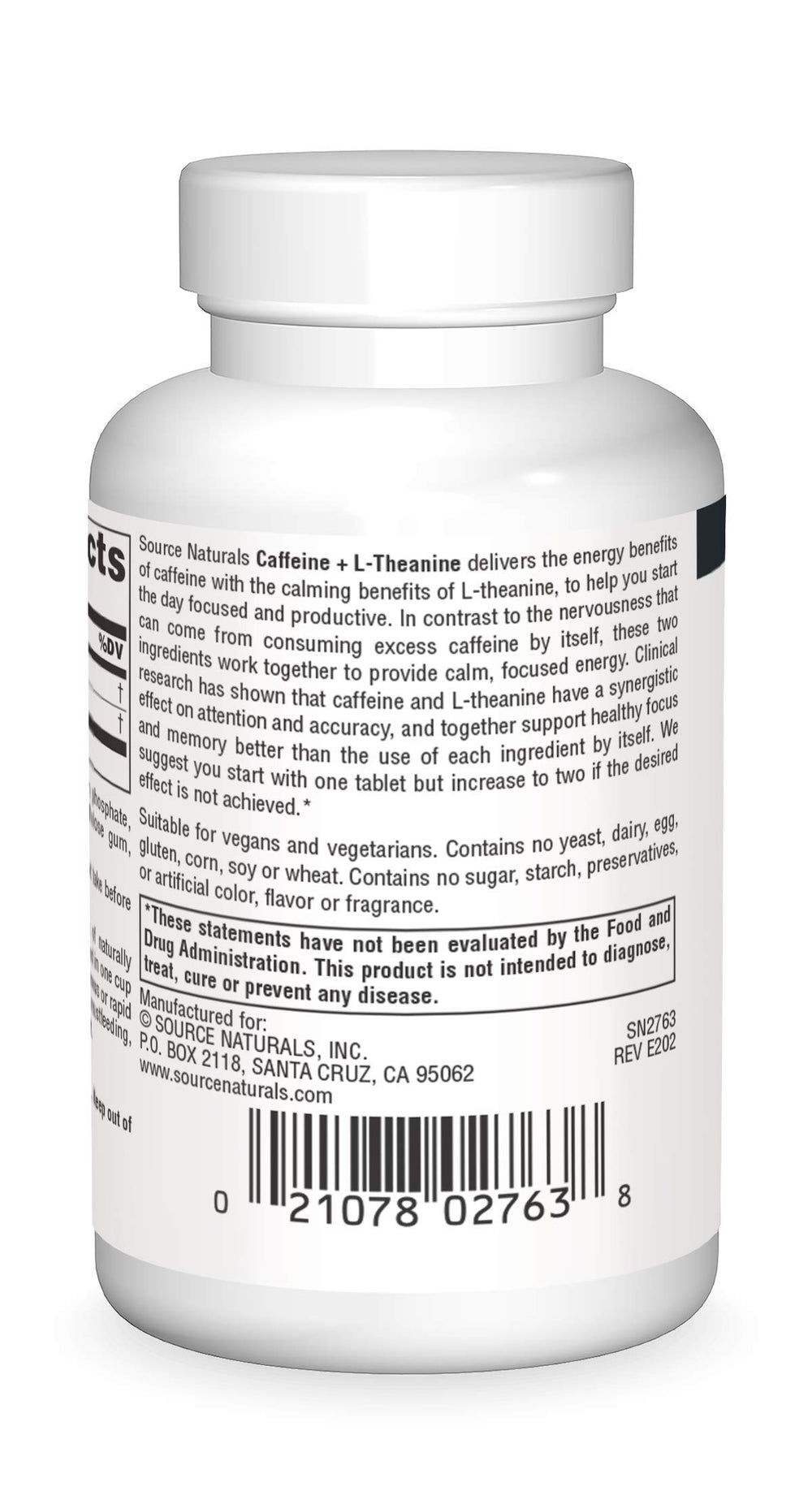 Source Naturals caffeine and L-Theanine bottle front view for sustained concentration.