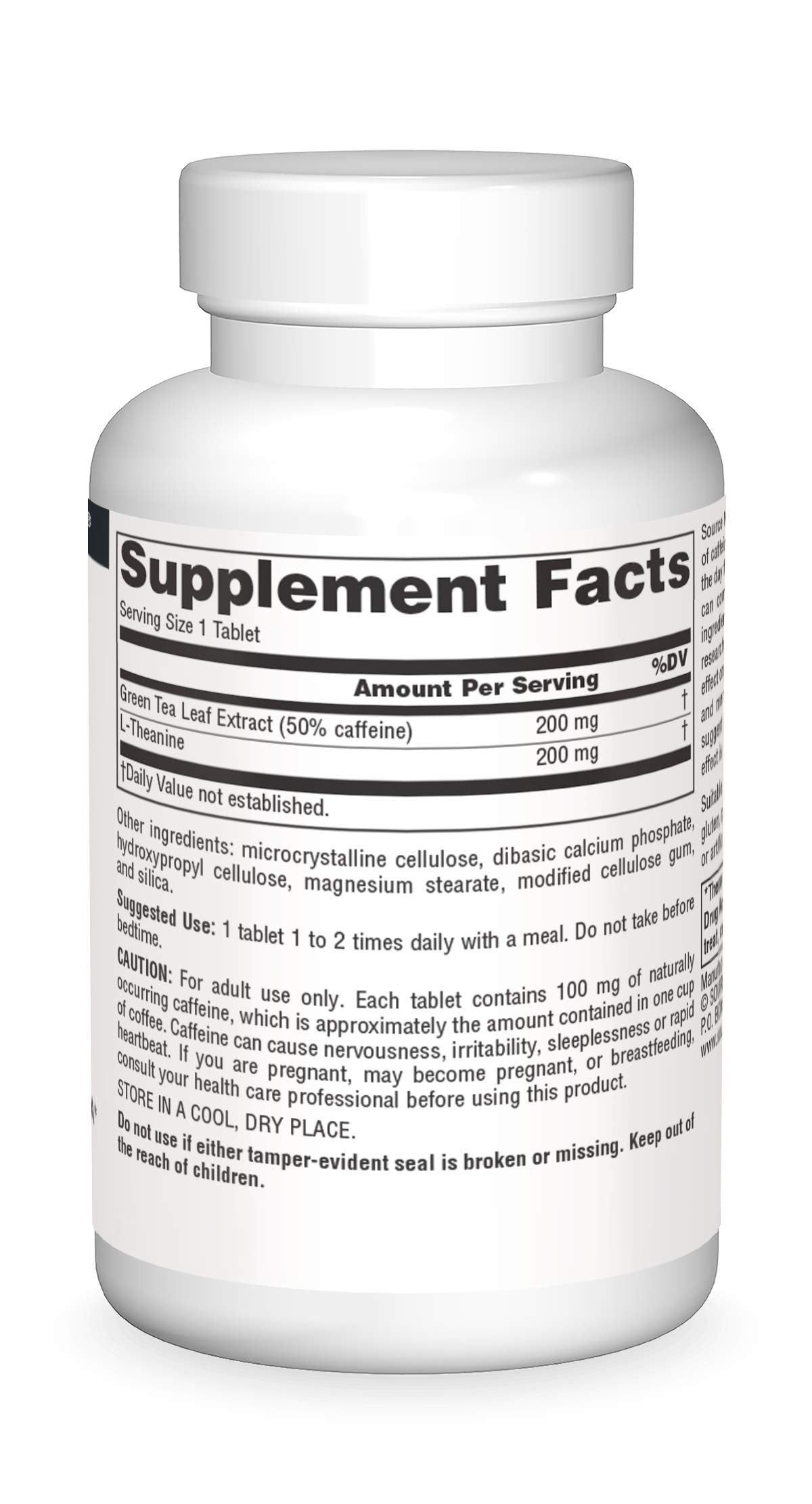 Source Naturals caffeine and L-Theanine ingredients panel highlighting natural energy support.