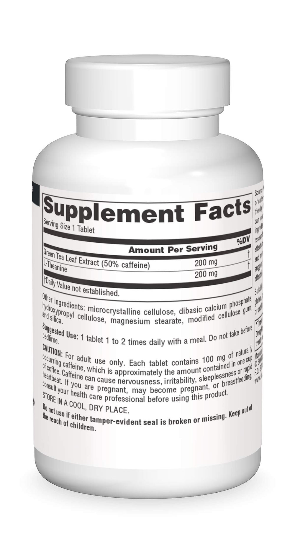 Source Naturals caffeine and L-Theanine ingredients panel highlighting natural energy support.