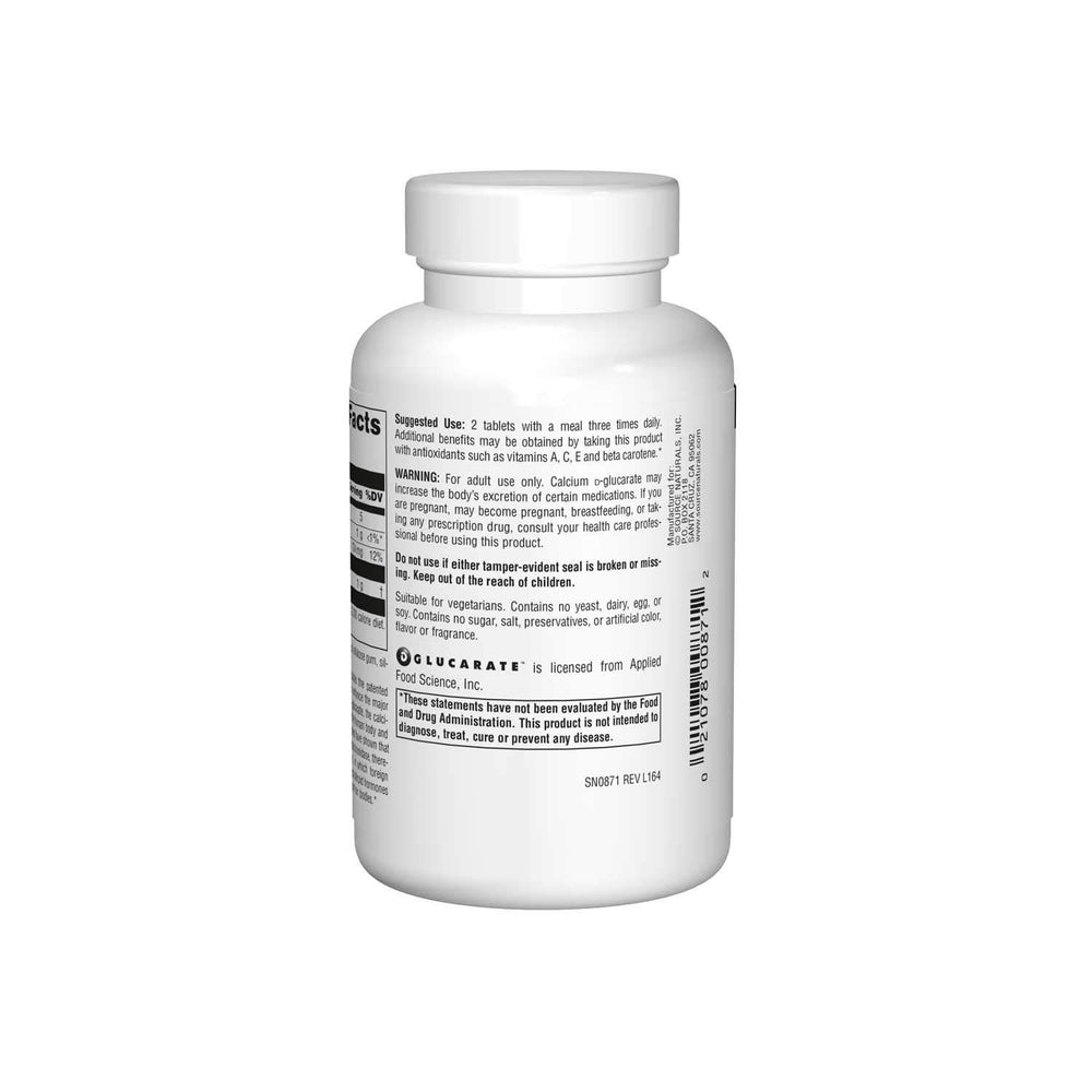 Source Naturals Calcium D-Glucarate tablets close-up showing 500 mg dose.