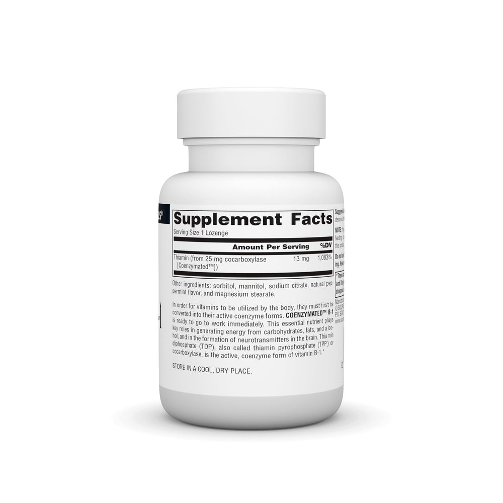 Source Naturals coenzymated B-1 lozenge dissolving in the mouth.