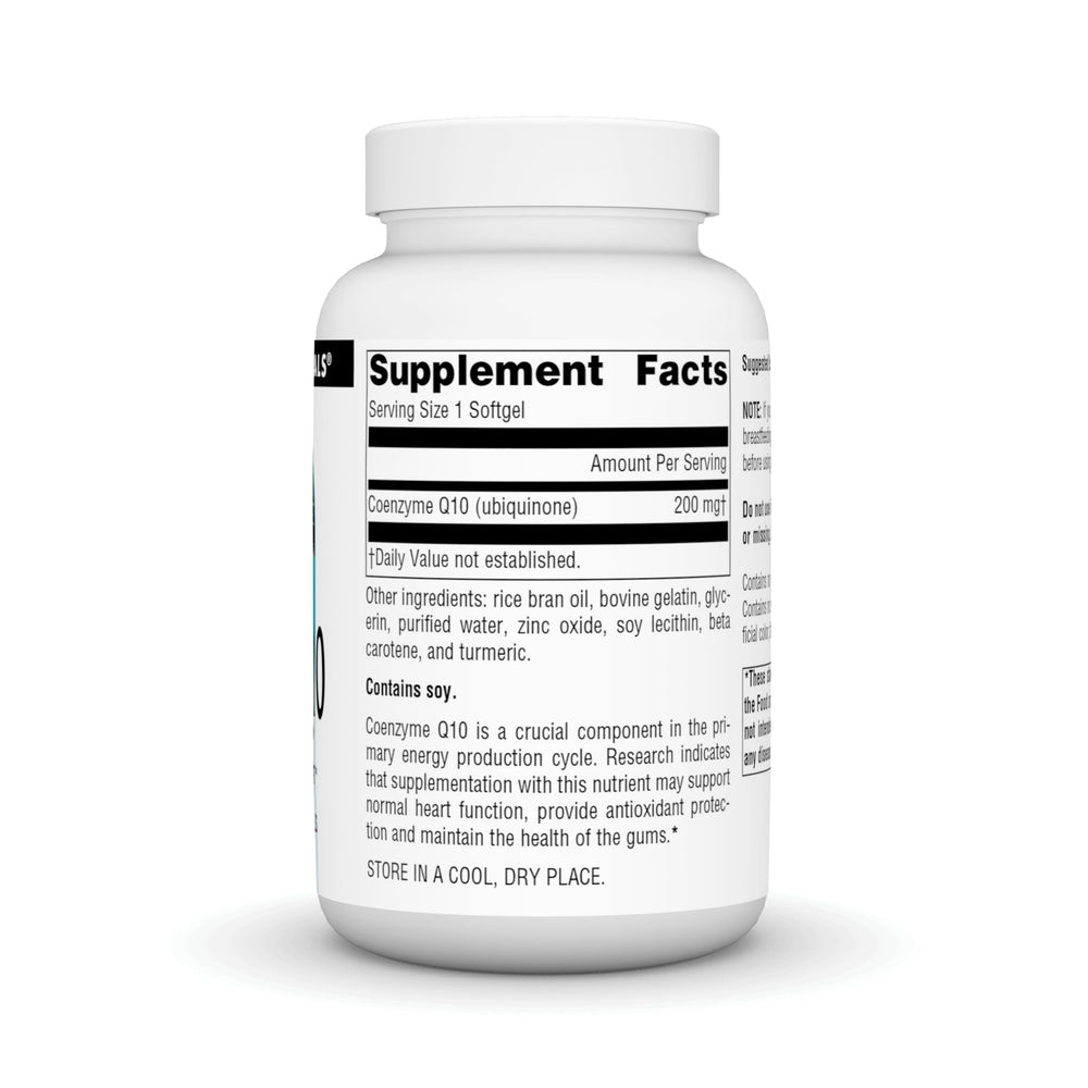 Close-up of CoQ10 label showing 200 mg per softgel and allergen info.