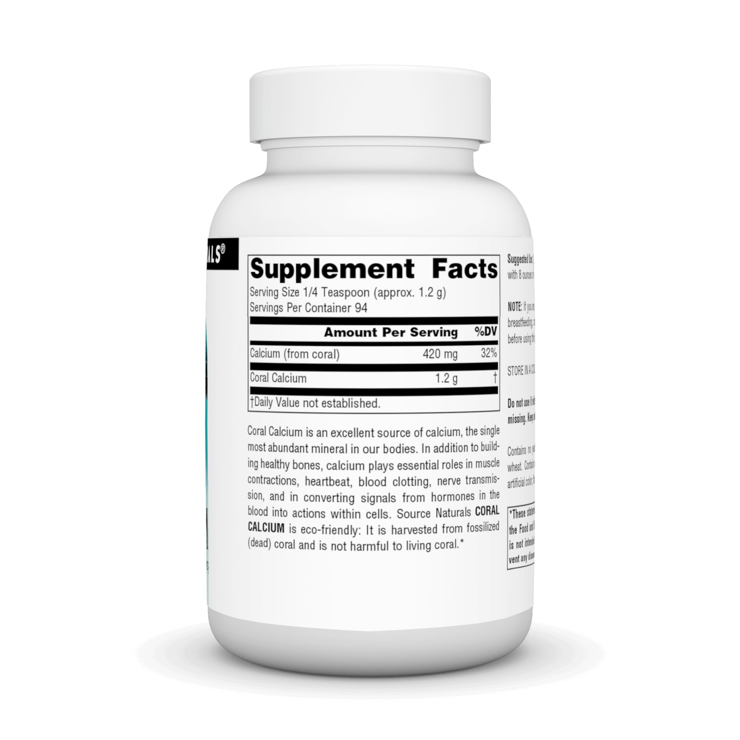 Dosing spoon beside Source Naturals Coral Calcium Powder bottle for precise measurement.