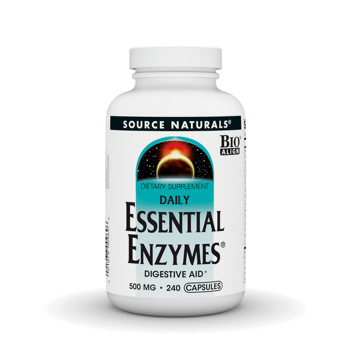 Source Naturals Essential Enzymes bottle close-up showing digestive support potential.