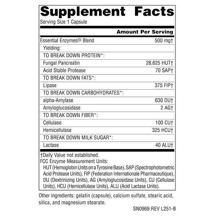 Source Naturals Essential Enzymes label view highlighting enzyme blend and digestion support.