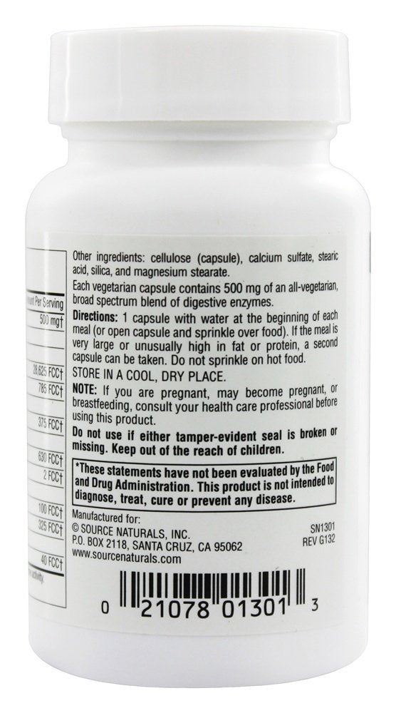 Source Naturals Essential Enzymes Vegetarian 500mg VegCap pouring shot implies quick intake with meals