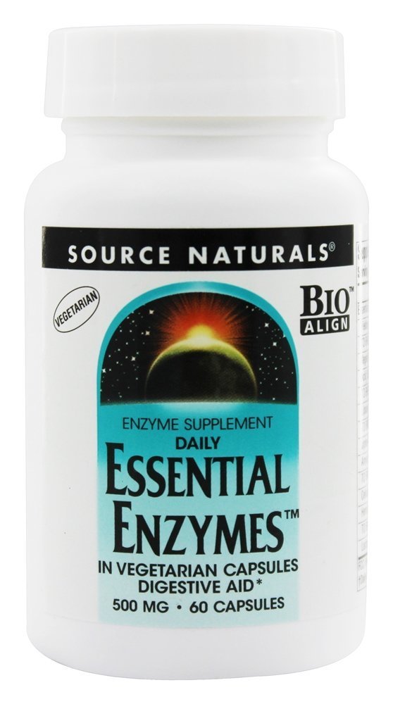 Source Naturals Essential Enzymes Vegetarian capsules closeup shows easy-to-swallow VegCaps