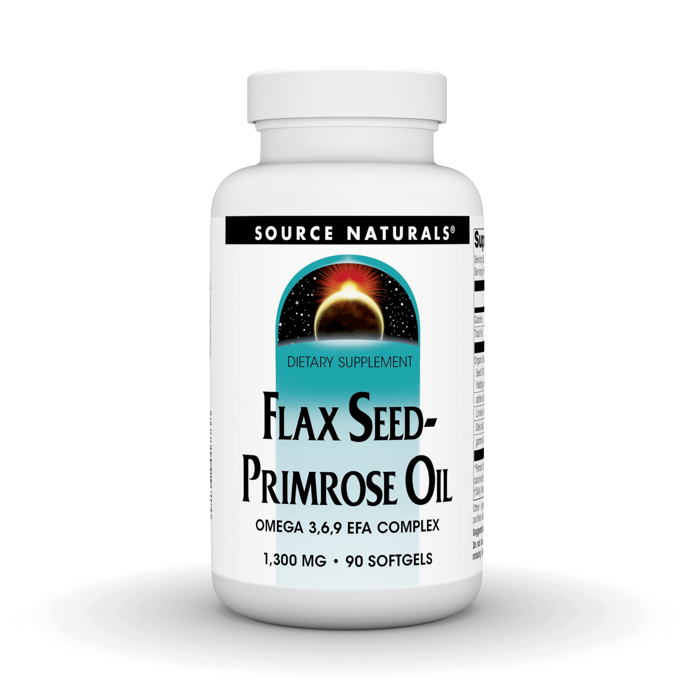 Source Naturals flax seed-primrose oil softgel bottle for daily omega support and skin health