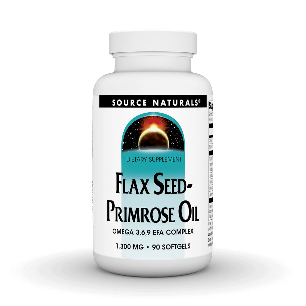 Source Naturals flax seed-primrose oil softgel bottle for daily omega support and skin health