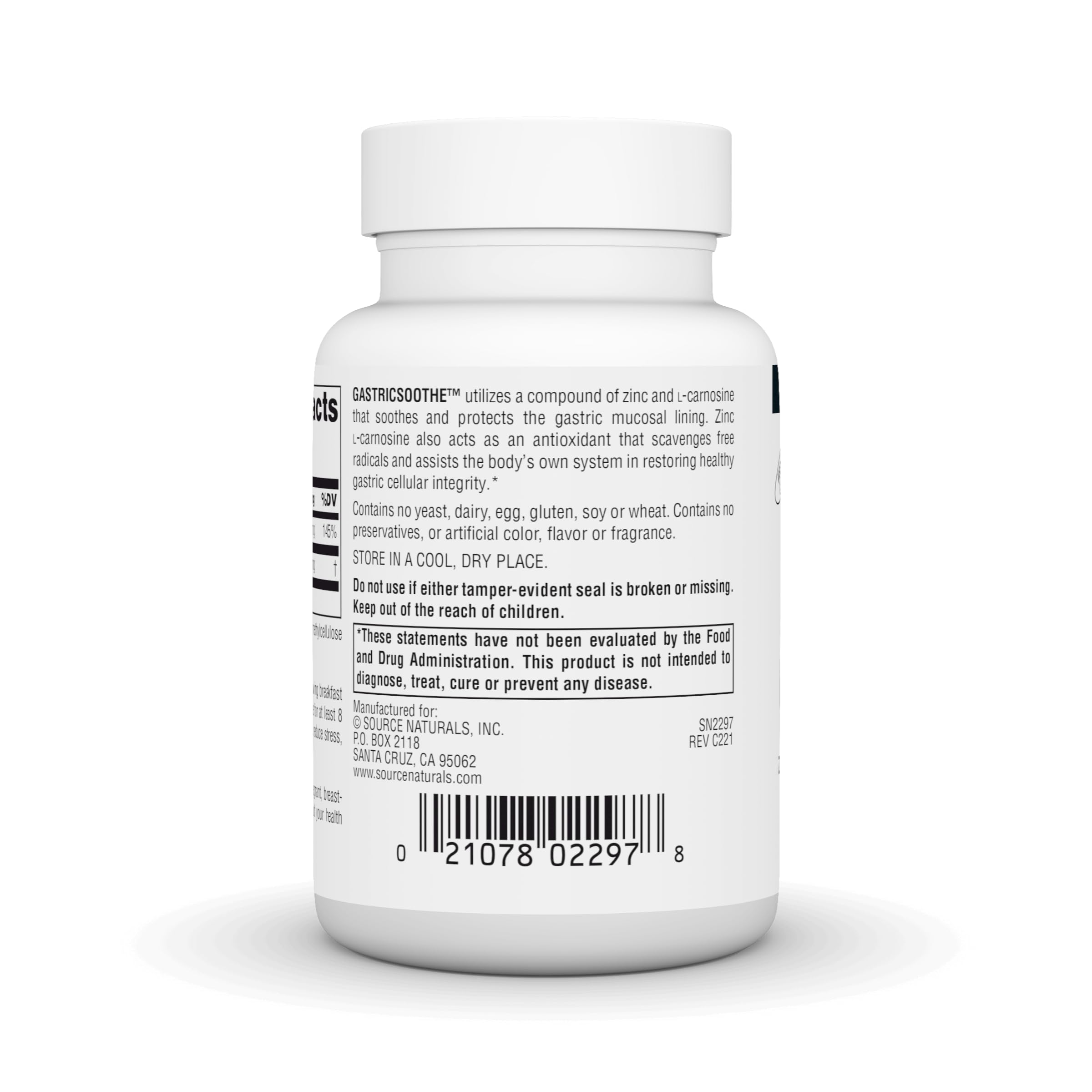 Close-up of Source Naturals GastricSoothe label highlighting zinc L-Carnosine formula