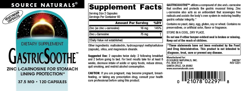 Serving guidance for Source Naturals GastricSoothe with two capsules per day